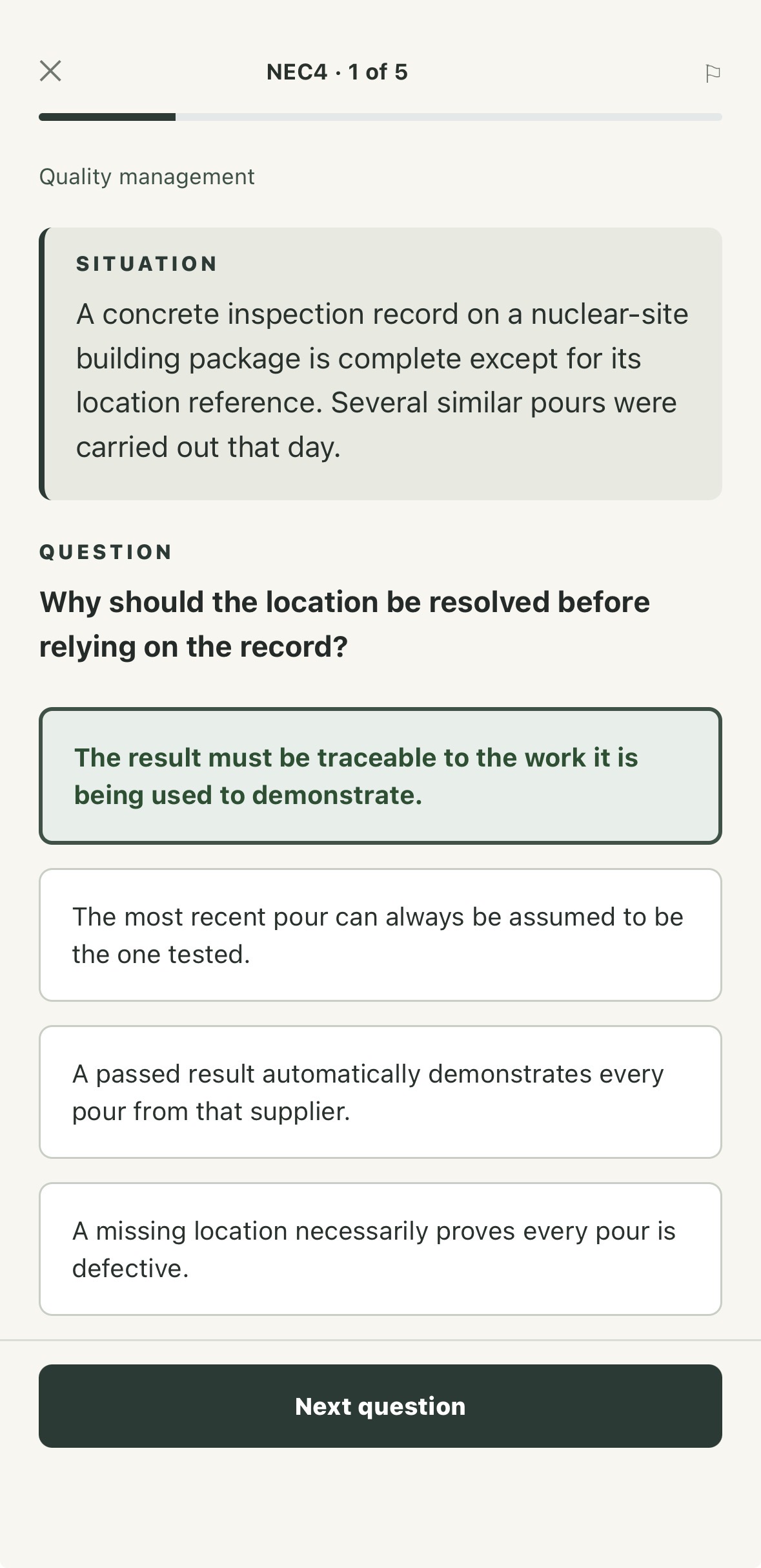 ClauseReady NEC4 quality-management scenario and answer choices